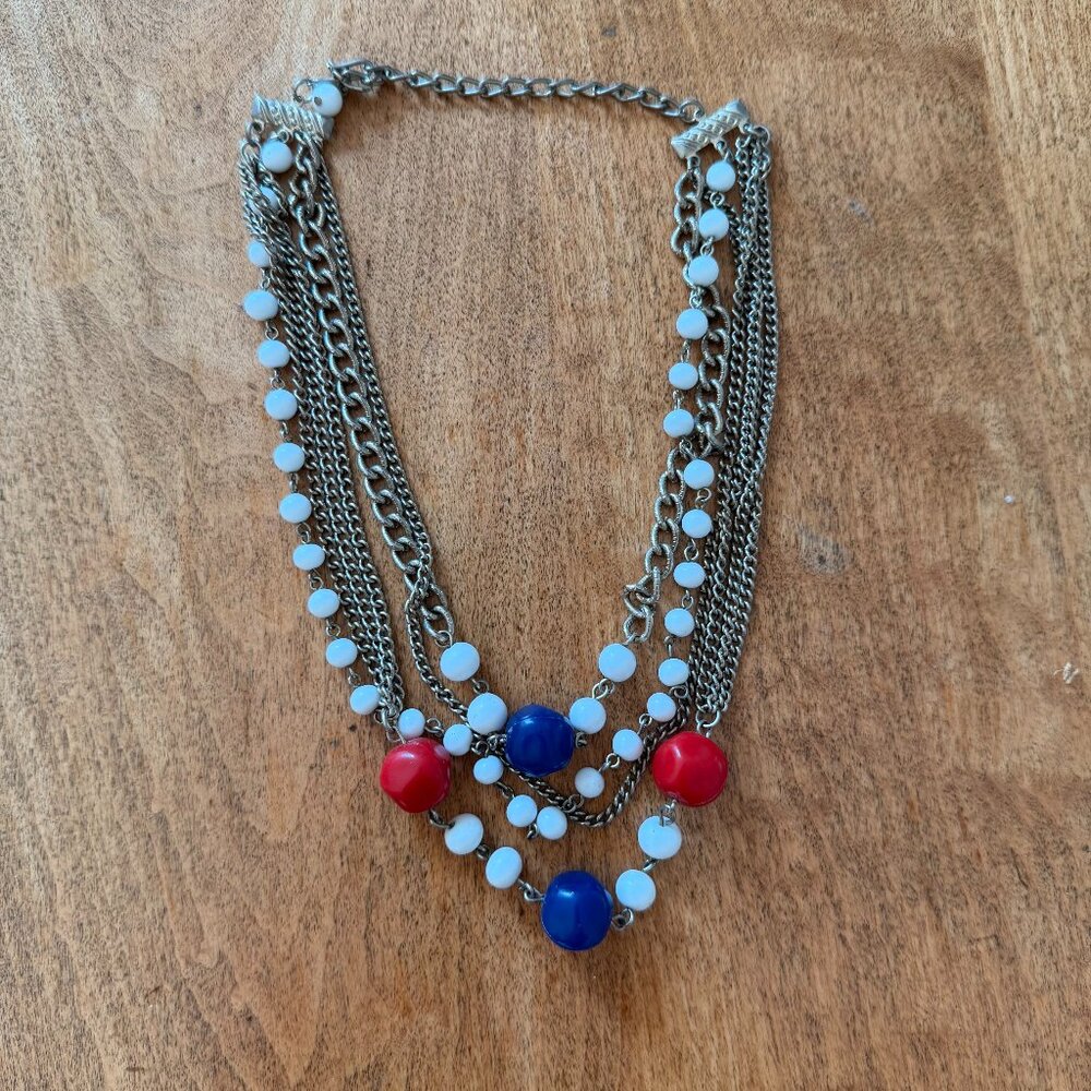 Delightful vintage costume red, white & blue silver-toned multi-strand necklace